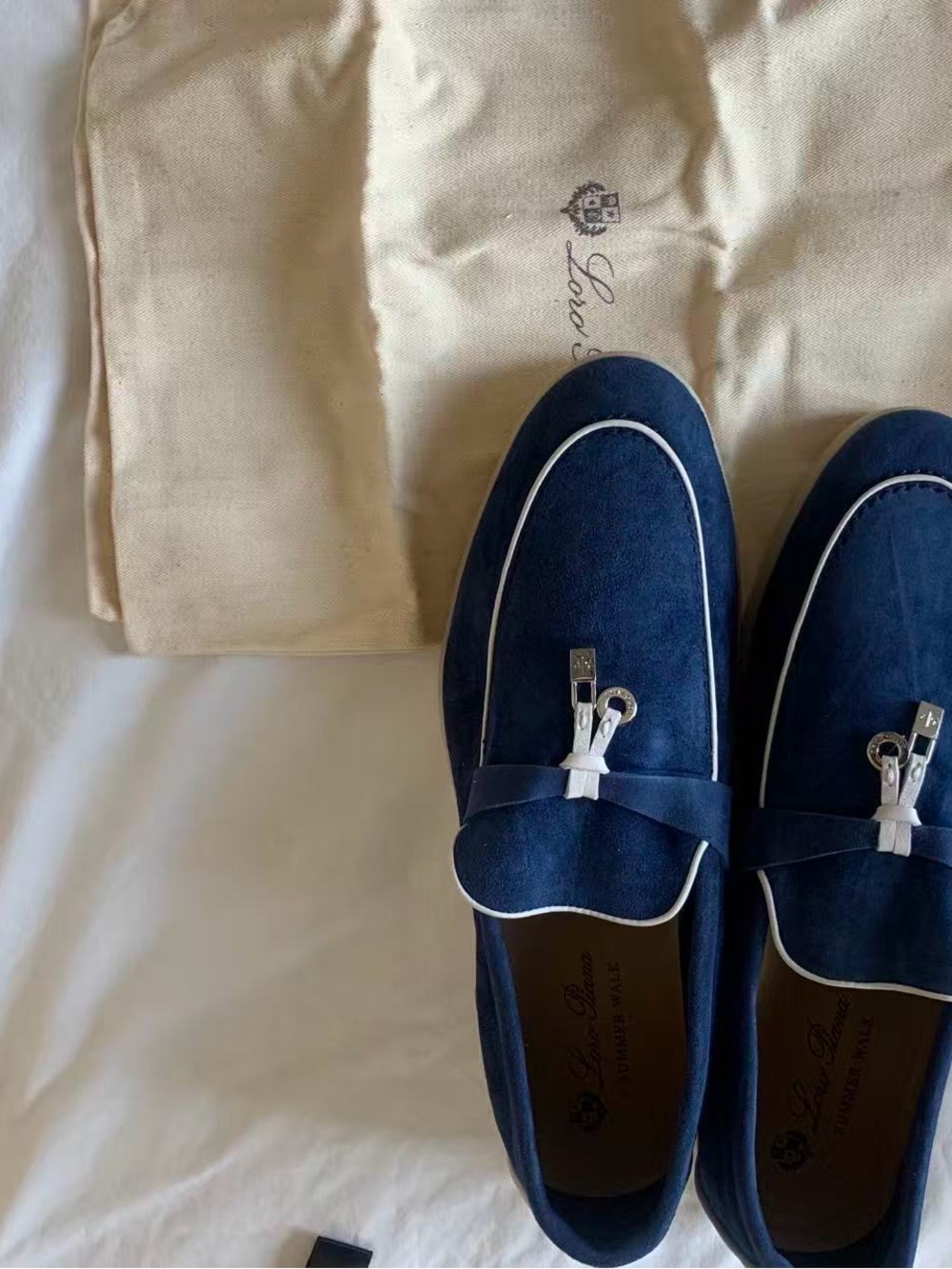 Loro Piana Navy Blue Suede Loafers with White Piping